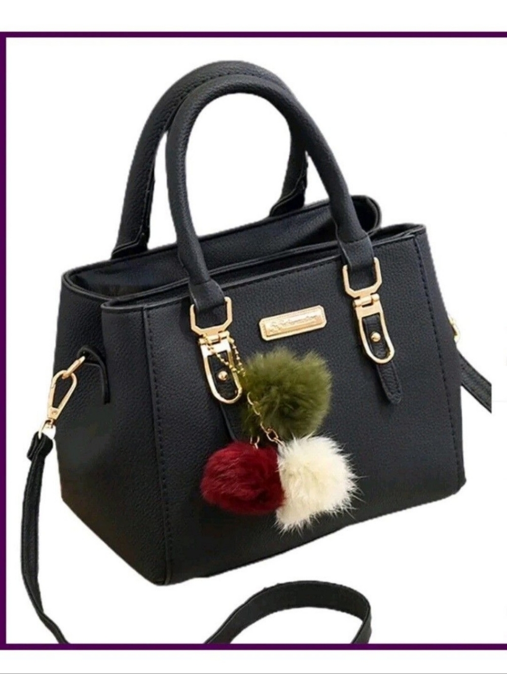 Black Women's Satchel Handbag with Pom Pom Charms